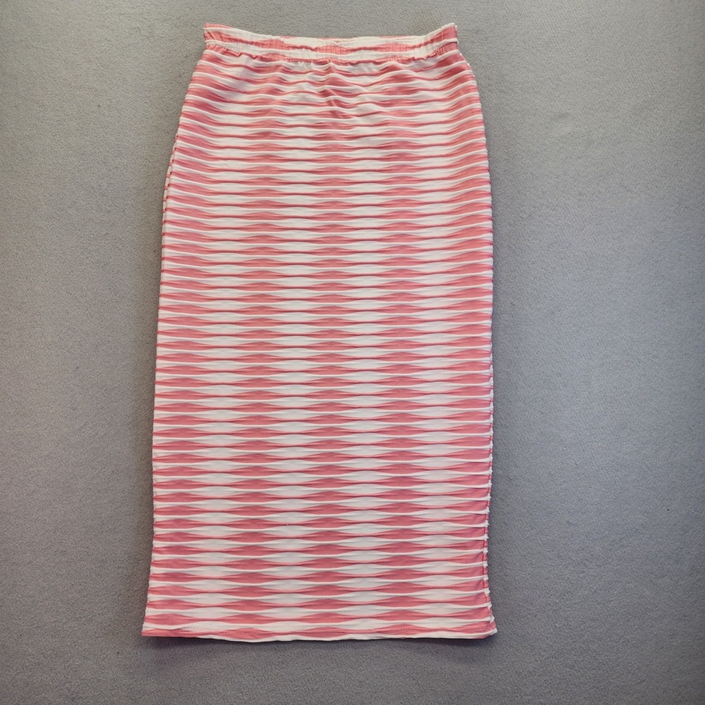 C'est La Vie Pink White Striped Ripple Knit Midi Pencil Skirt Women Small USA